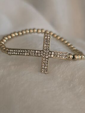 Gold Crystal Cross Bead Stretch Bracelet - Women Jewelry